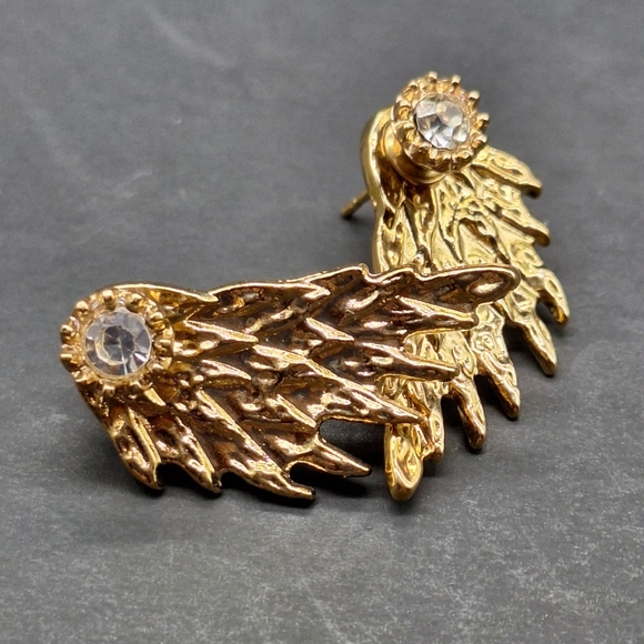 Gold Wing Stud Earrings with Crystal Accent – Angelic Boho Statement Jewelry - Picture 2 of 5